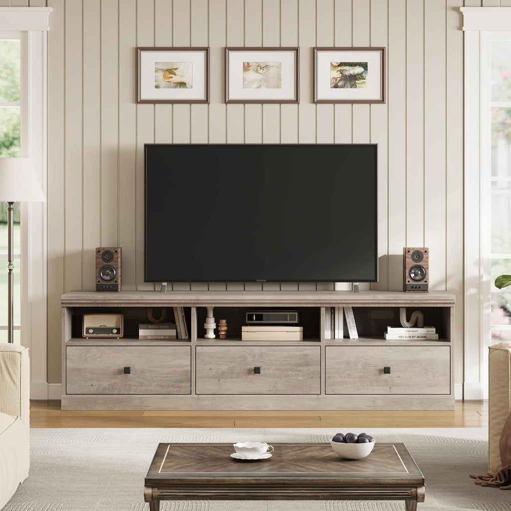 GarveeHome TV Stand for 65/70/75 in TV, Entertainment Center with Storage Drawer, Mid-Century Modern TV Console with Open Shelves, 70 in Media TV Cabinet for Living Room, Bedroom, Gray