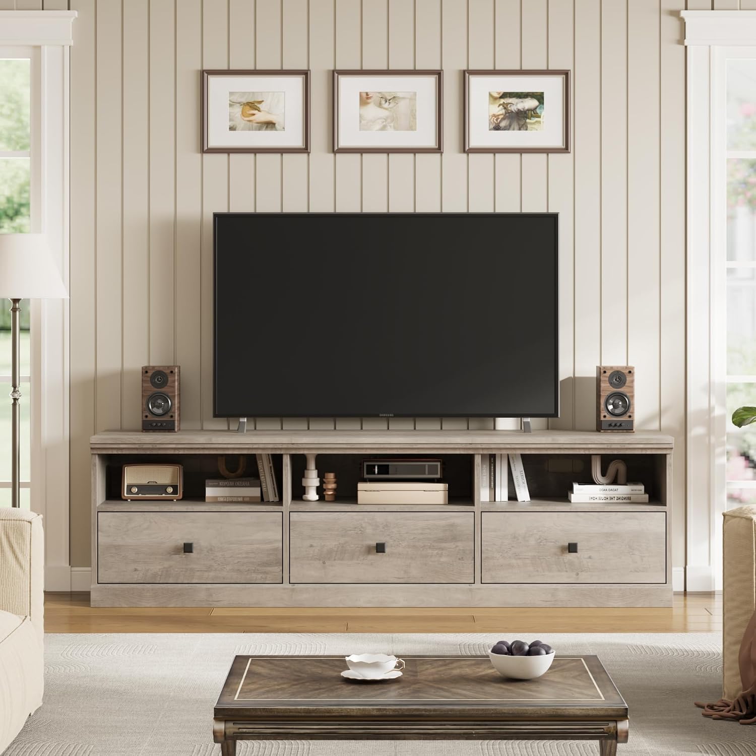 GarveeHome TV Stand for 65/70/75 in TV, Entertainment Center with Storage Drawer, Mid-Century Modern TV Console with Open Shelves, 70 in Media TV Cabinet for Living Room, Bedroom, Gray