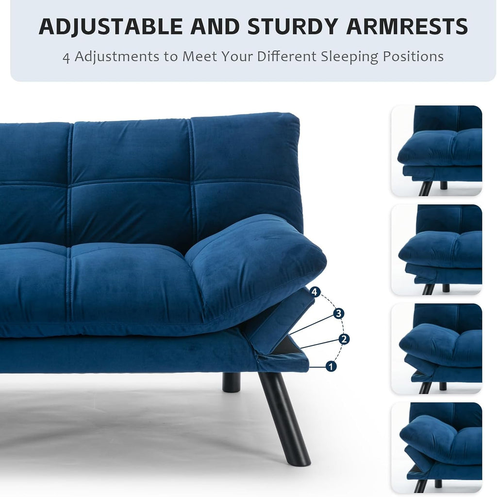 SoarFlash 67 Inch Futon Double Sofa Bed, 2 in 1 Velvet Loveseat Sofa with Adjustable Backrest for Living Room Bedroom Office Apartment Compact Couch(Blue)