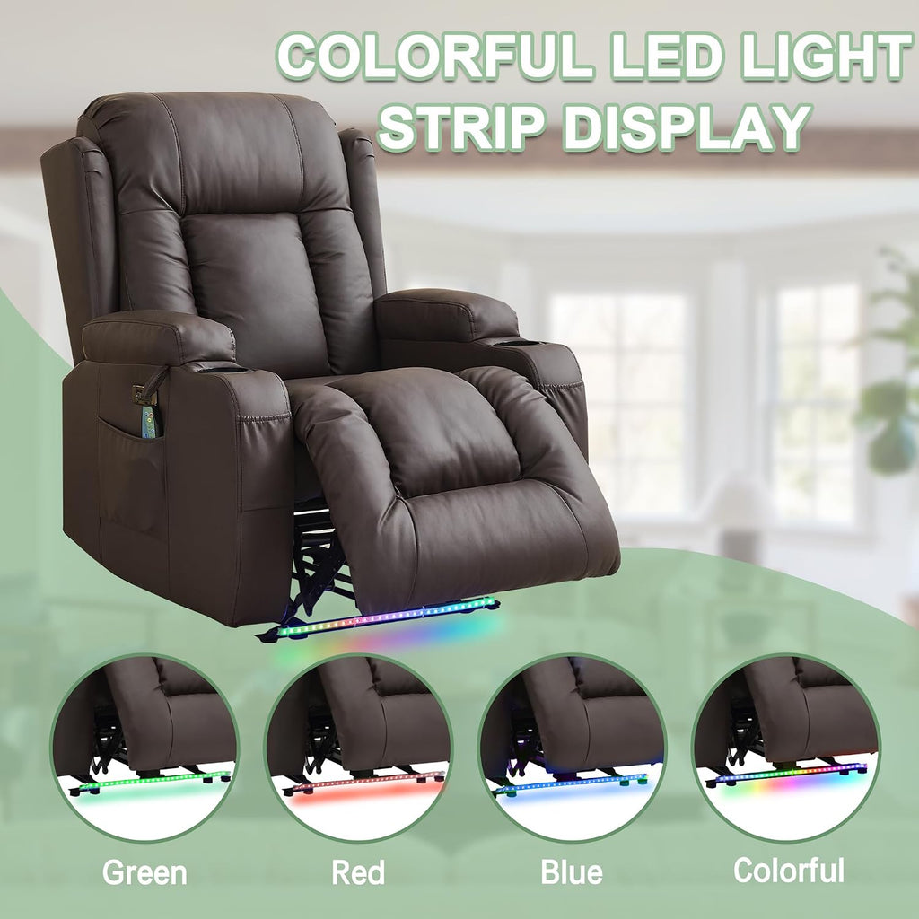 TUNYI Power Recliner Sofa with Massage & Heat Home Theater Seating with Console RV Recliner Sofa with USB/Storage/Side Pocket/LED Light/Speaker (Brown, 1PC)