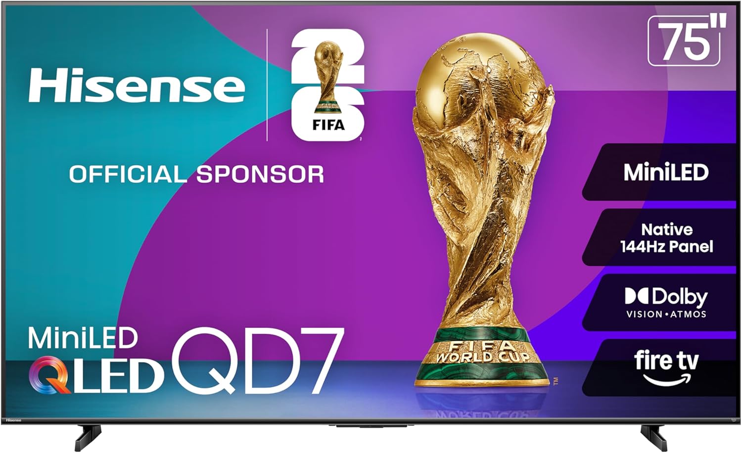 Hisense 75' QD7 Mini-LED 4K Smart Fire TV - QLED, 144Hz, HDR10+, Dolby Vision/Atmos, Game Mode Pro, Alexa Built-in (75QD7QF)