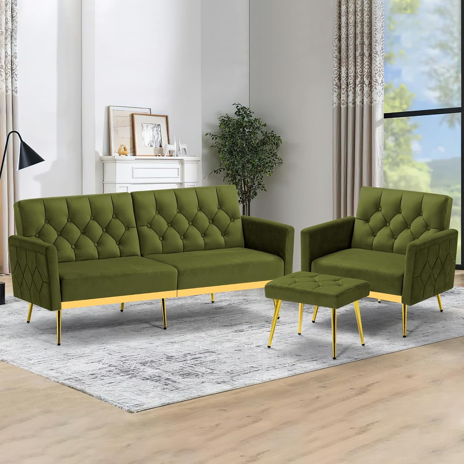 2 Pieces Velvet Sofa Set w/Adjustable Armrests and Backrests, Tufted Accent Chair w/Ottoman, Convertible Futon Sofa Bed for Bedroom, Living Room, Apartment, Olive Green