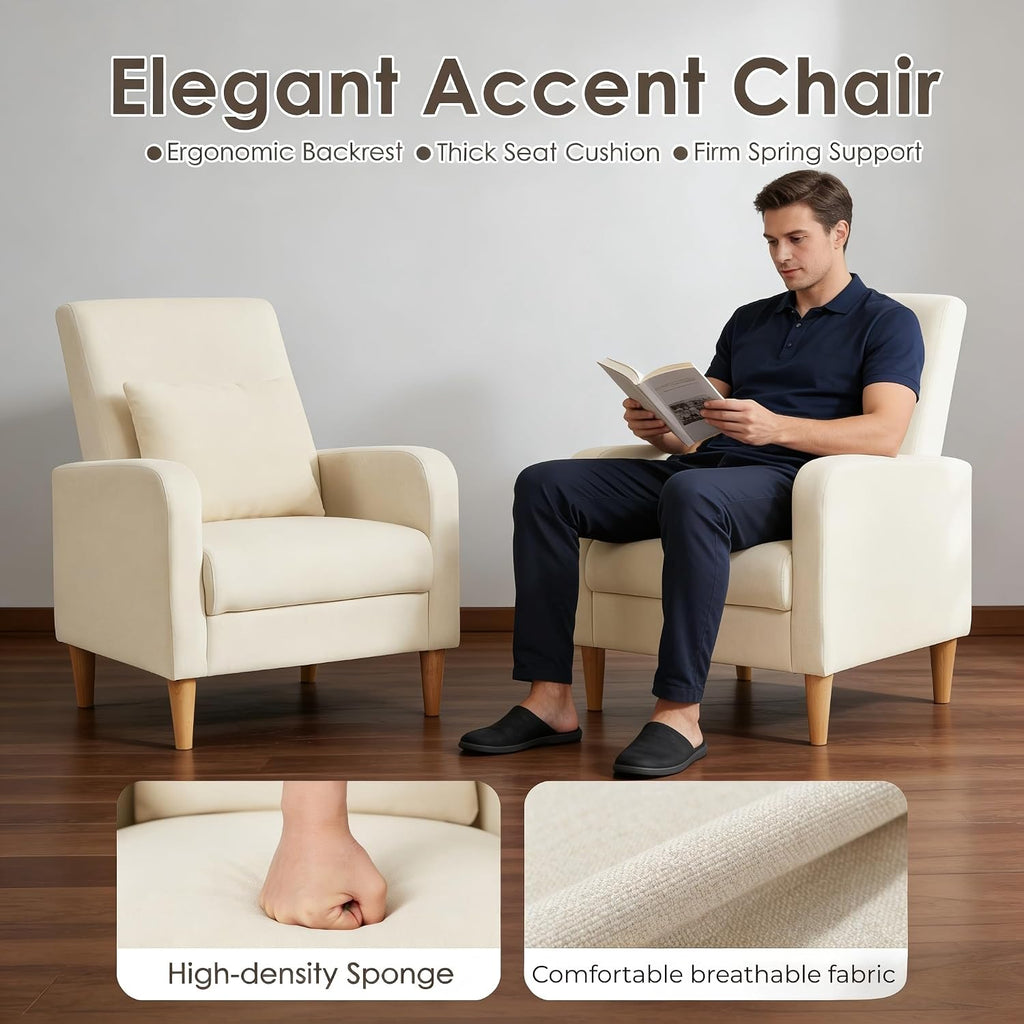 COLAMY Mid-Century Modern Accent Chair with Back Pillow, Upholstered Fabric Armchair with Solid Wood Legs, Reading Lounge Chair for Living Room, Bedroom, Office, Apartment & Small Spaces, Beige