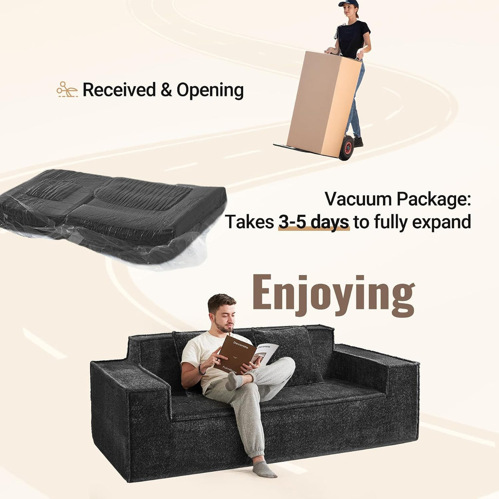 77'' Modern Cloud Loveseat Sofa in Chenille, Deep Seat Boneless Couches Includes 2 pcs Pillows for Living Room, Bedroom, Apartment(Black)
