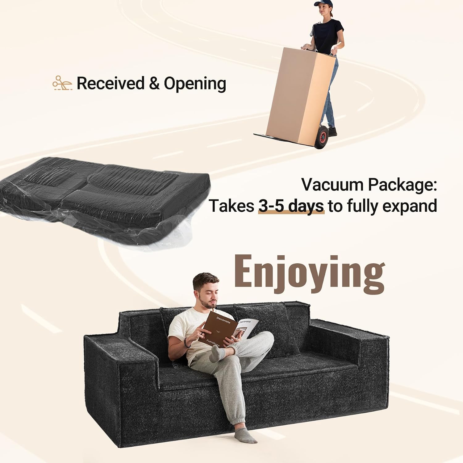 77'' Modern Cloud Loveseat Sofa in Chenille, Deep Seat Boneless Couches Includes 2 pcs Pillows for Living Room, Bedroom, Apartment(Black)