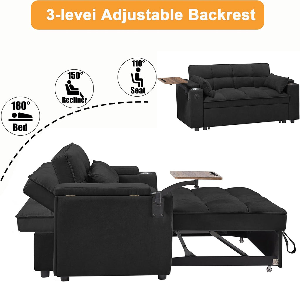 hansones 66' Multi-Functional Pull-Out Sofa Bed with Hidden Side Table, Storage Armrests, Built-in Charging Port, Spring Mattress, Solid Wood Frame – Ideal for Small Spaces, Easy Assembly