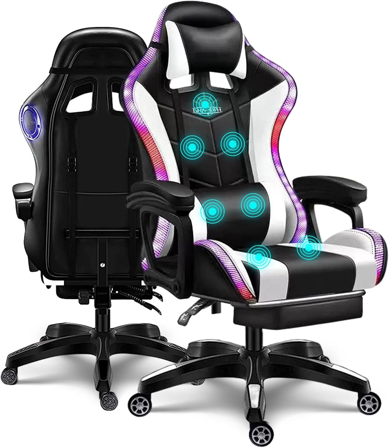 Gaming Chair for Adults with Speakers Massage Computer Office Chair RGB Gamer Chair with Footrest and Lumbar Support Music Video Game Chair High Back PU Leather Ergonomic Desk PC Chair,White