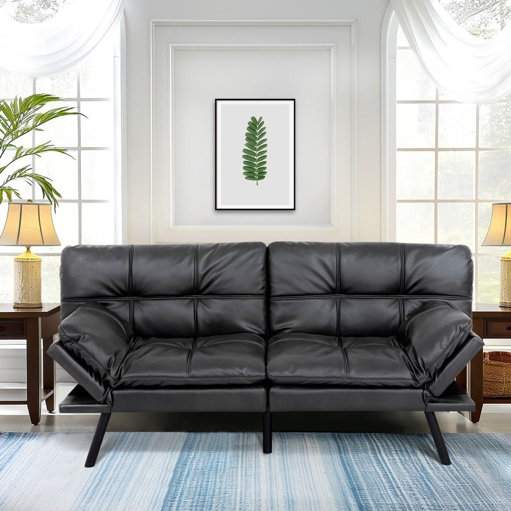 MUUEGM 71' Futon Sofa Bed, Convertible Couch Filled with Memory Foam, Modern Loveseat with Adjustable Backrest&Armrest, Sofas for Living Room,Game Room,Dormitory,Office.Matte Black Leather