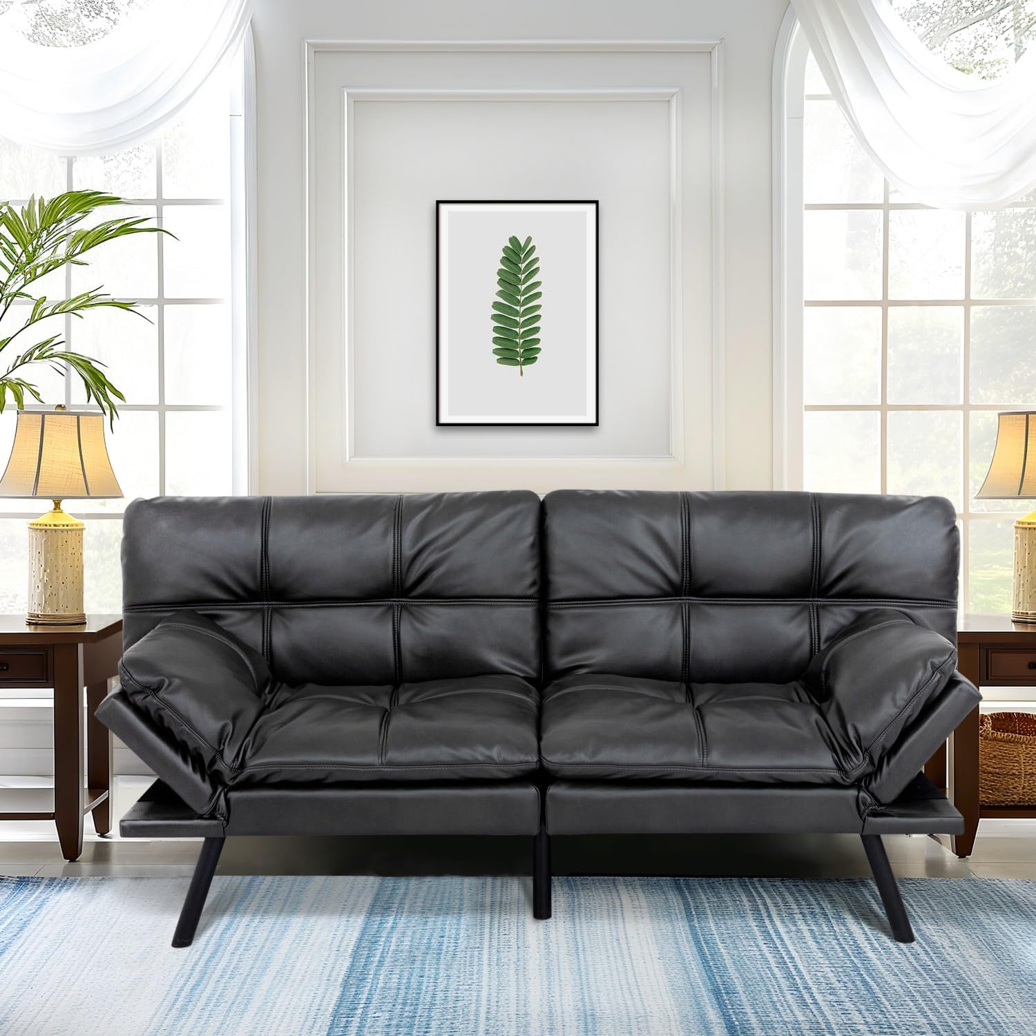 MUUEGM 71' Futon Sofa Bed, Convertible Couch Filled with Memory Foam, Modern Loveseat with Adjustable Backrest&Armrest, Sofas for Living Room,Game Room,Dormitory,Office.Matte Black Leather