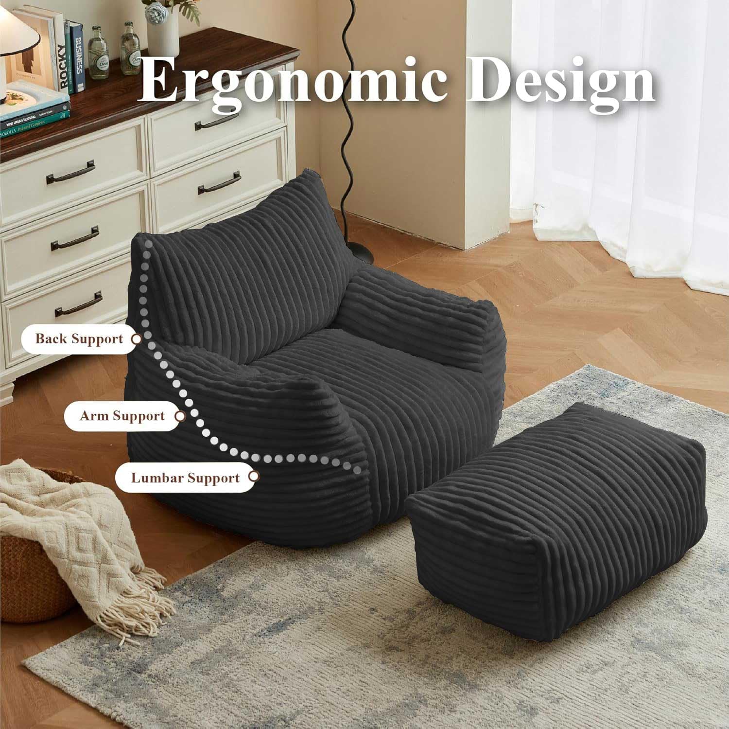 Giant Plush Bean Bag Chair with armrests for Adults,Reading Chair with Footstool,Black Bean Bag,Comfortable Reading and Gaming Recliner,Relaxing Cloud Sofa (Black, Bean Bag Chair + Footstool)