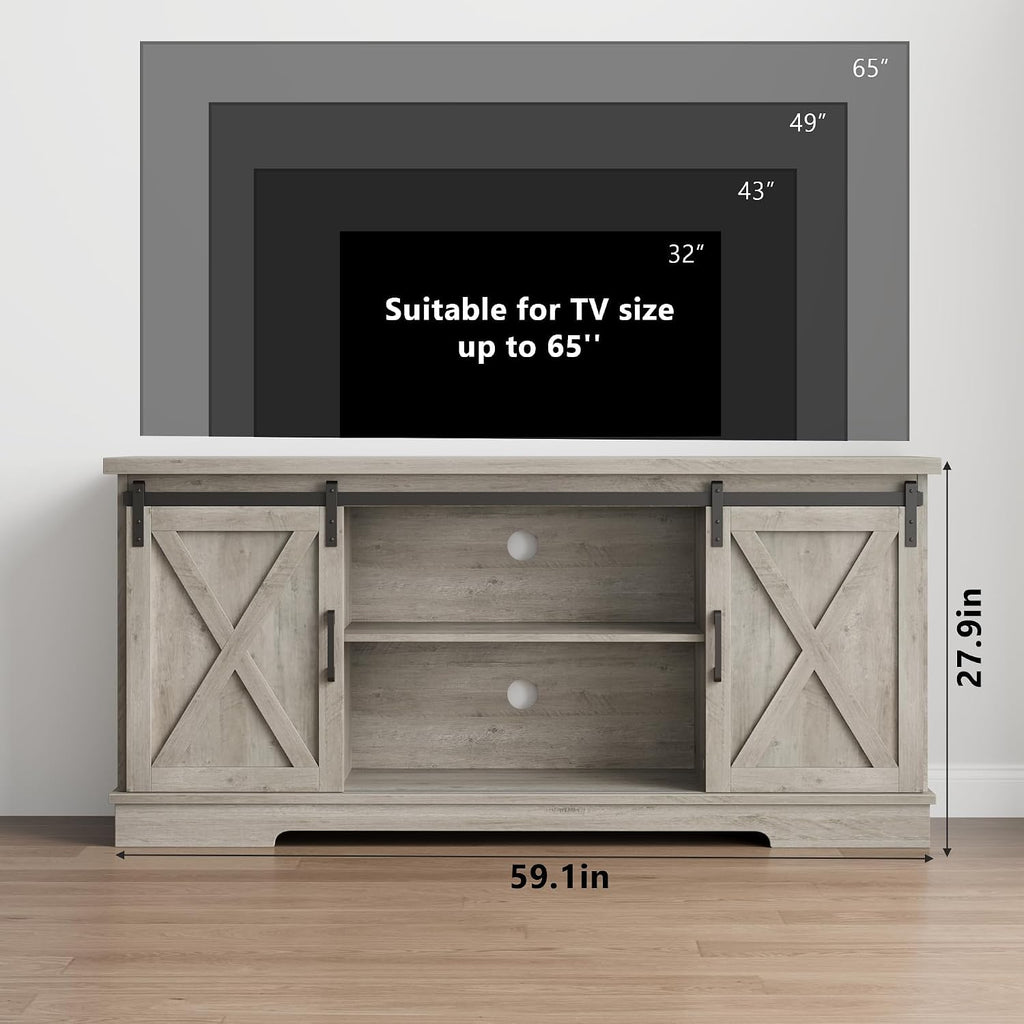 IDEALHOUSE Farmhouse TV Stand for 65 Inch TV, Entertainment Center with Sliding Barn Doors and Adjustable Shelves, TV Stand with Storage, Modern Storage Media TV Console for Living Room Bedroom, Grey