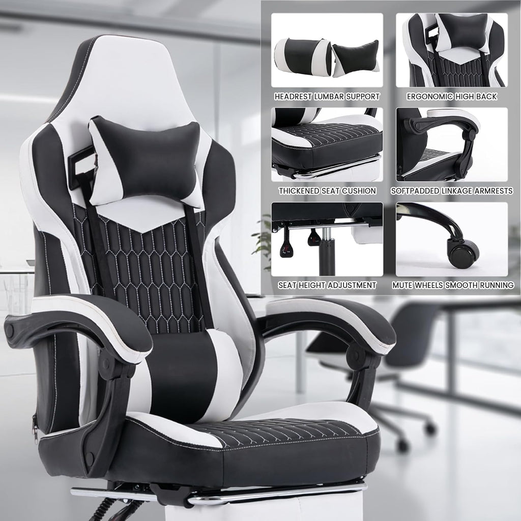 Gaming Chair with Massage and Footrest, Ergonomic High Back PC Racing Chair, 300LBS Capacity with Adjustable Lumbar Support & Headrest for Office and Desk (Model B, Black+White)