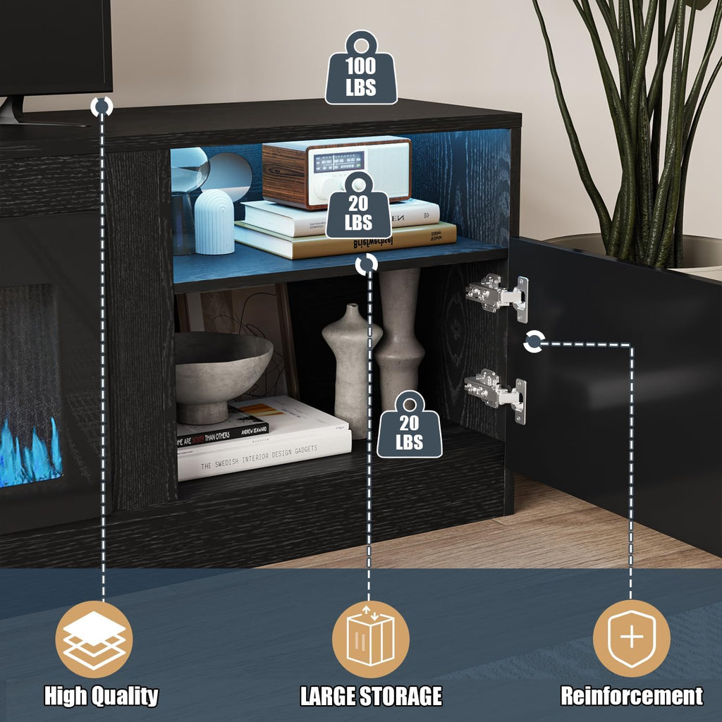 VITESSE TV Stand with 36' inch Electric Fireplace Up to 90' TVs, LED Light Entertainment Center, 80' Modern Wood High Gloss Fireplace with Highlight Storage Cabinet for Living Room (Black)
