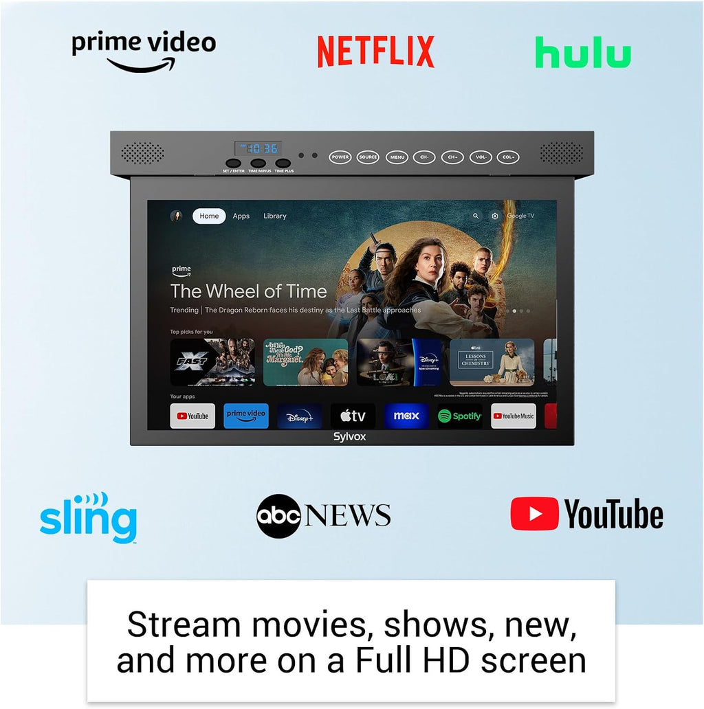 SYLVOX 15.6 inch Smart TV for Kitchen, 1080P Under Cabinet TVs, 12V Smart Google TV Rotated & Folded, Support Google Assistant WiFi Bluetooth, Small Television for Kitchen, Bedroom, RV Camper, Black