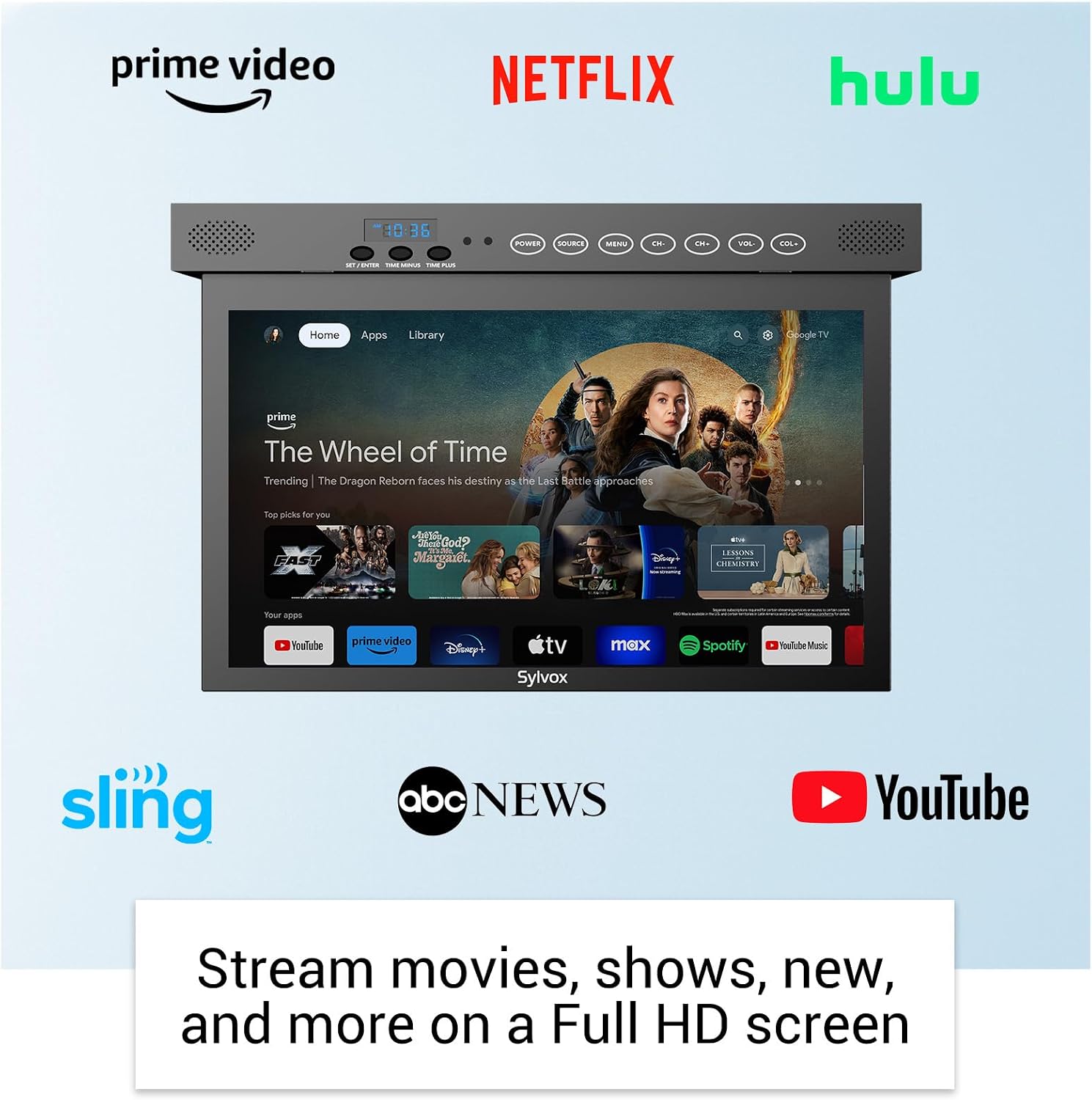 SYLVOX 15.6 inch Smart TV for Kitchen, 1080P Under Cabinet TVs, 12V Smart Google TV Rotated & Folded, Support Google Assistant WiFi Bluetooth, Small Television for Kitchen, Bedroom, RV Camper, Black