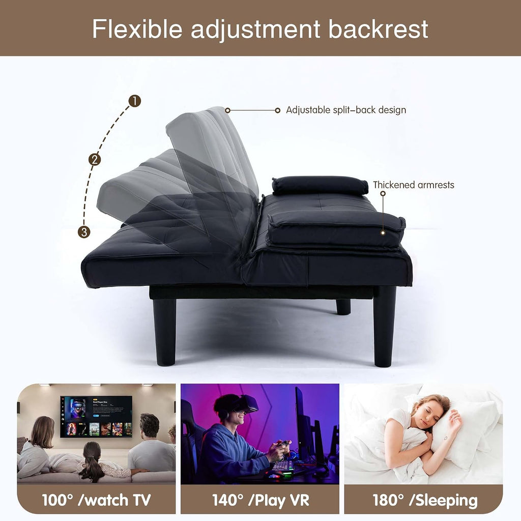 67' Futon Sofa Bed,Convertible Sofa Bed with 2 Cup Holders,Sleeper Couch PVC Leather Removable Soft Armrest Small Couch for Living Room Apartments ﻿ (Black)