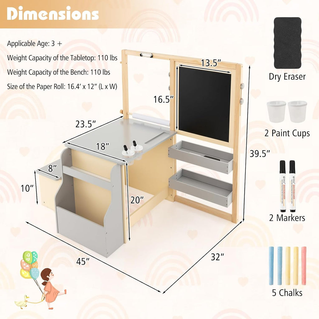 HONEY JOY Kids Art Easel, 6-in-1 Wooden Double-Sided Toddler Table & Chair Set w/Adjustable Magnetic White Board & Chalkboard, Paper Roll, Bookshelf, Storage, Kids Art Table and Chair (Gray)