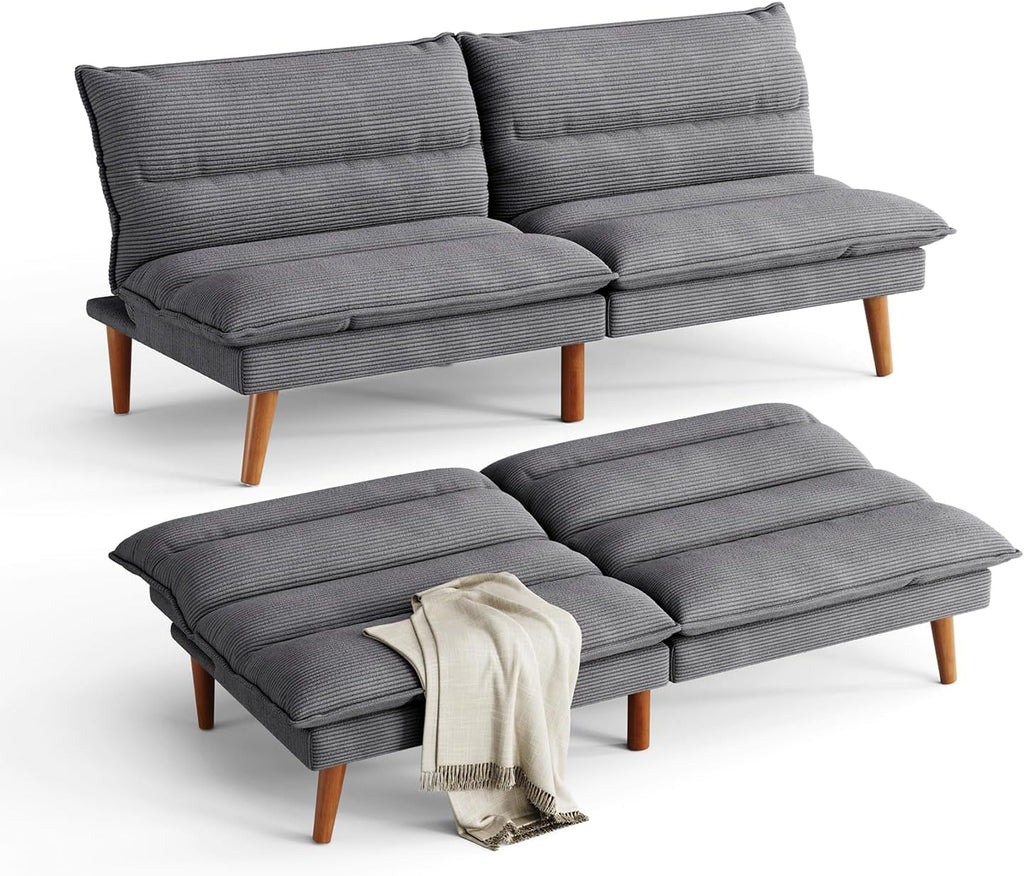 LINSY Futon Sofa Bed Couch Corduroy Futon with Adjustable Backrest Comfy Loveseat Convertible Folding Sleeper Sofa Couches for Small Spaces Living Room Apartment Office (Dark Grey)