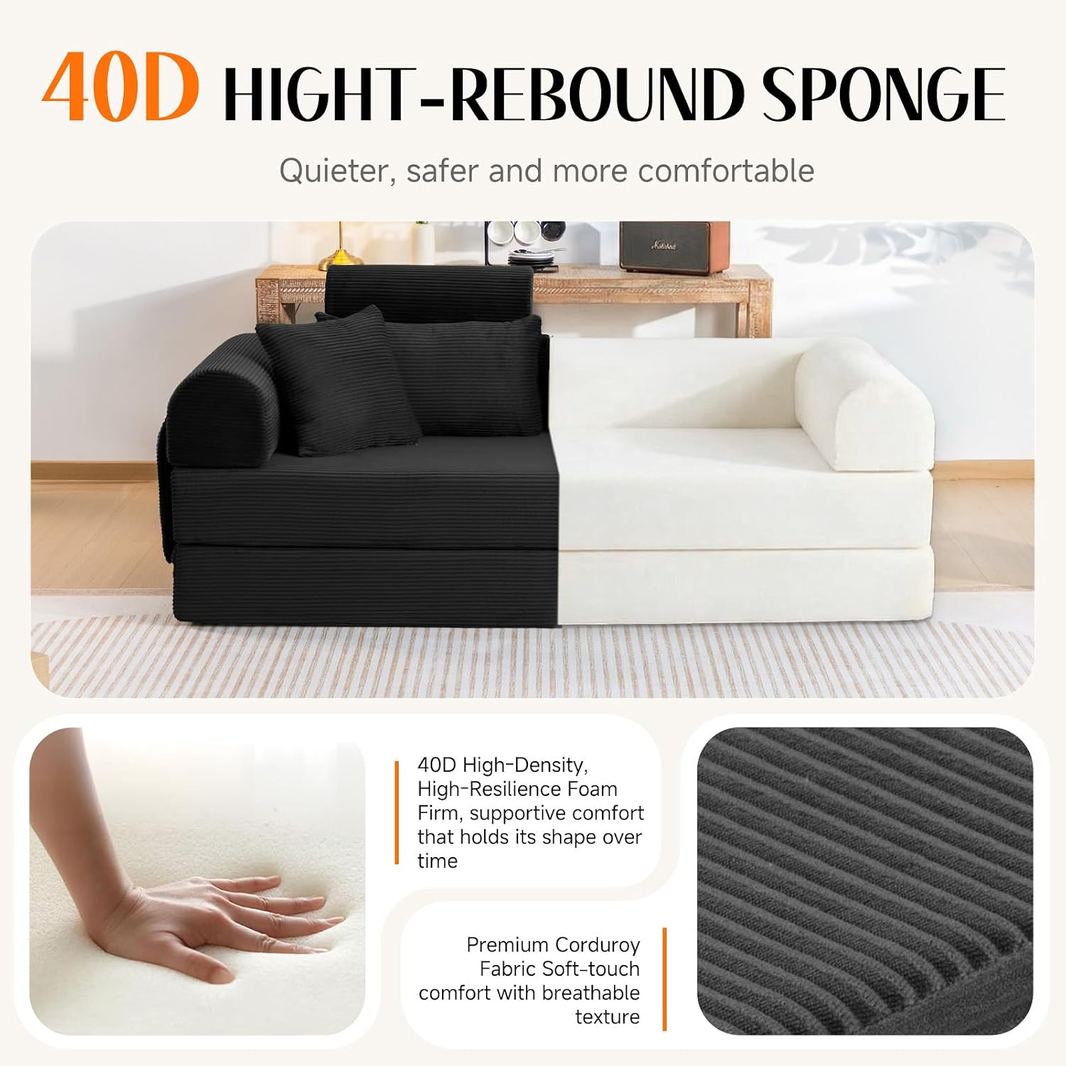 79' Corduroy Sofa Bed Sleeper Couch, 6-in-1 Convertible Boneless Floor Futon Loveseat, High-Density Foam Couch in a Box with 2 Headrest Pillows, No Assembly, Black