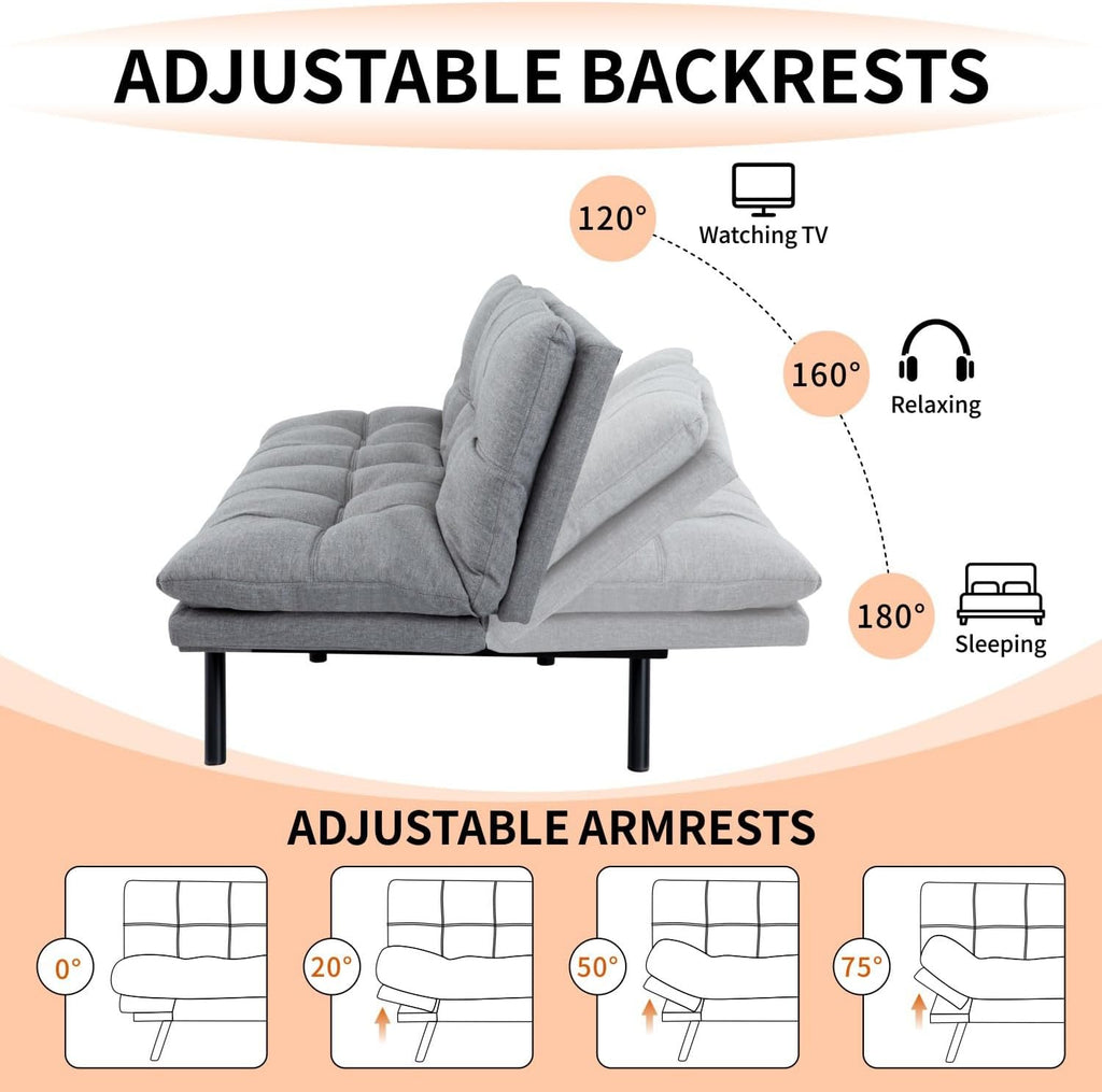 MUUEGM Futon Sofa Bed Modern Memory Foam Futon Couch Sleeper Sofa,Love seat Convertible Sofa with Adjustable Armrest Backrest for Compact Living Spaces,71'' x33''x31.5'',Linen Fabric,Grey