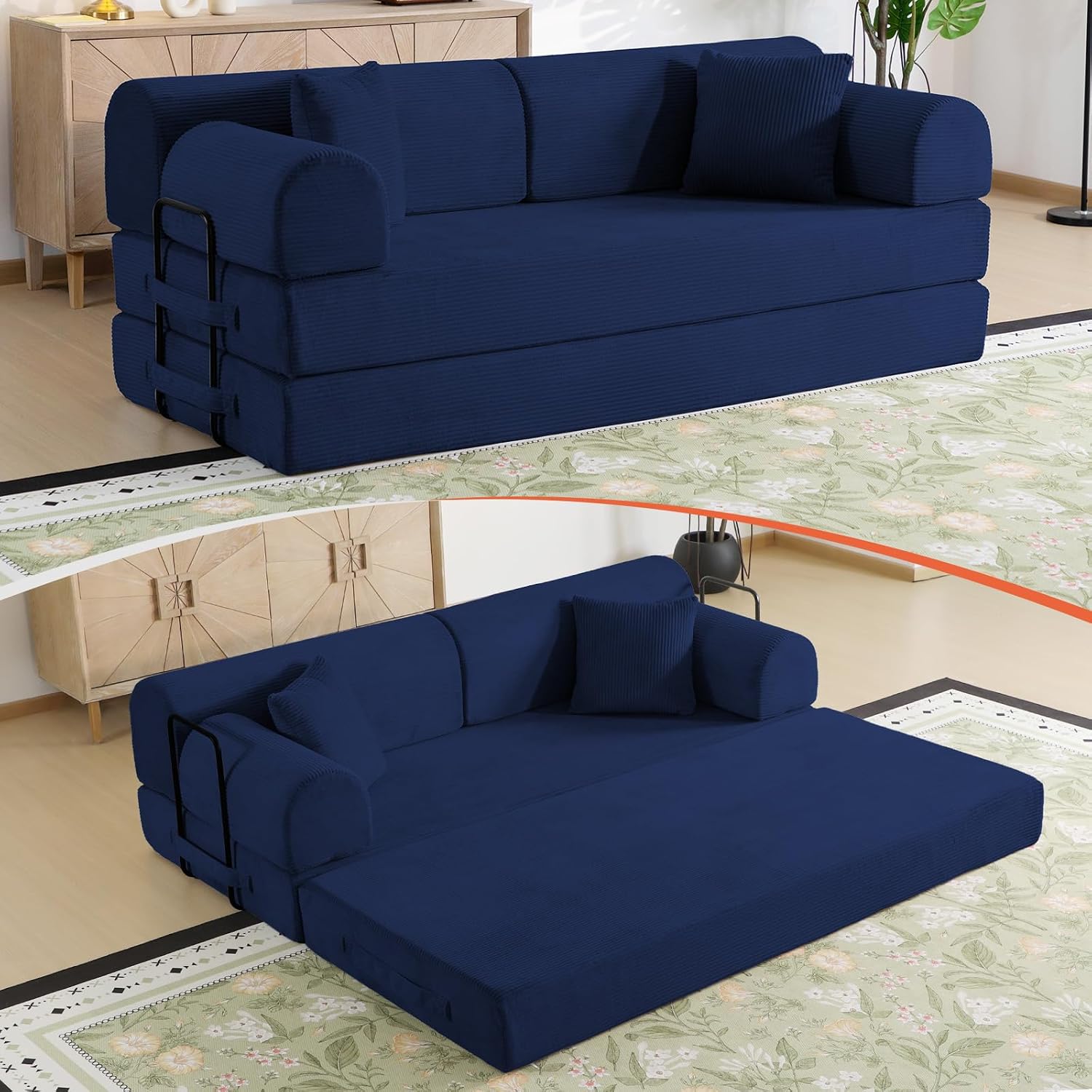 78.8' Memory Foam Boneless Couch, Corduroy Floor Sofa Bed, Convertible Sleeper Futon Loveseat, Wide Armrests & Back Support, Supports Up to 1200 lbs, Couch in a Box with 2 Pillows, Navy Blue
