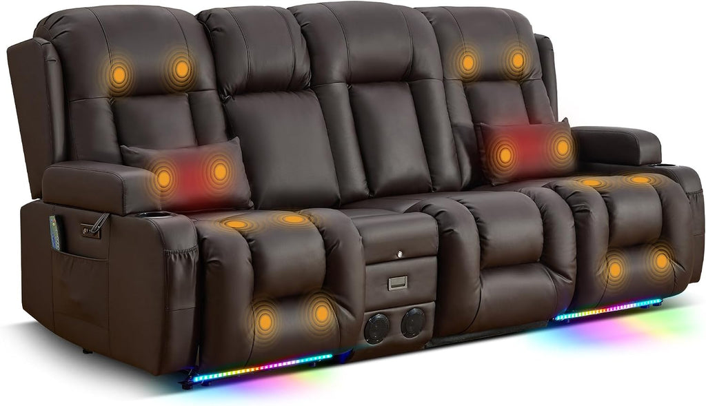 TUNYI Power Loveseat Recliner Sofa with Massage & Heat Home Theater Seating with Console RV Recliner Loveseat Sofa with USB/Storage/Side Pocket/LED Light/Speaker (Brown, 3 Seat with Console)