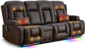 TUNYI Power Loveseat Recliner Sofa with Massage & Heat Home Theater Seating with Console RV Recliner Loveseat Sofa with USB/Storage/Side Pocket/LED Light/Speaker (Brown, 3 Seat with Console)