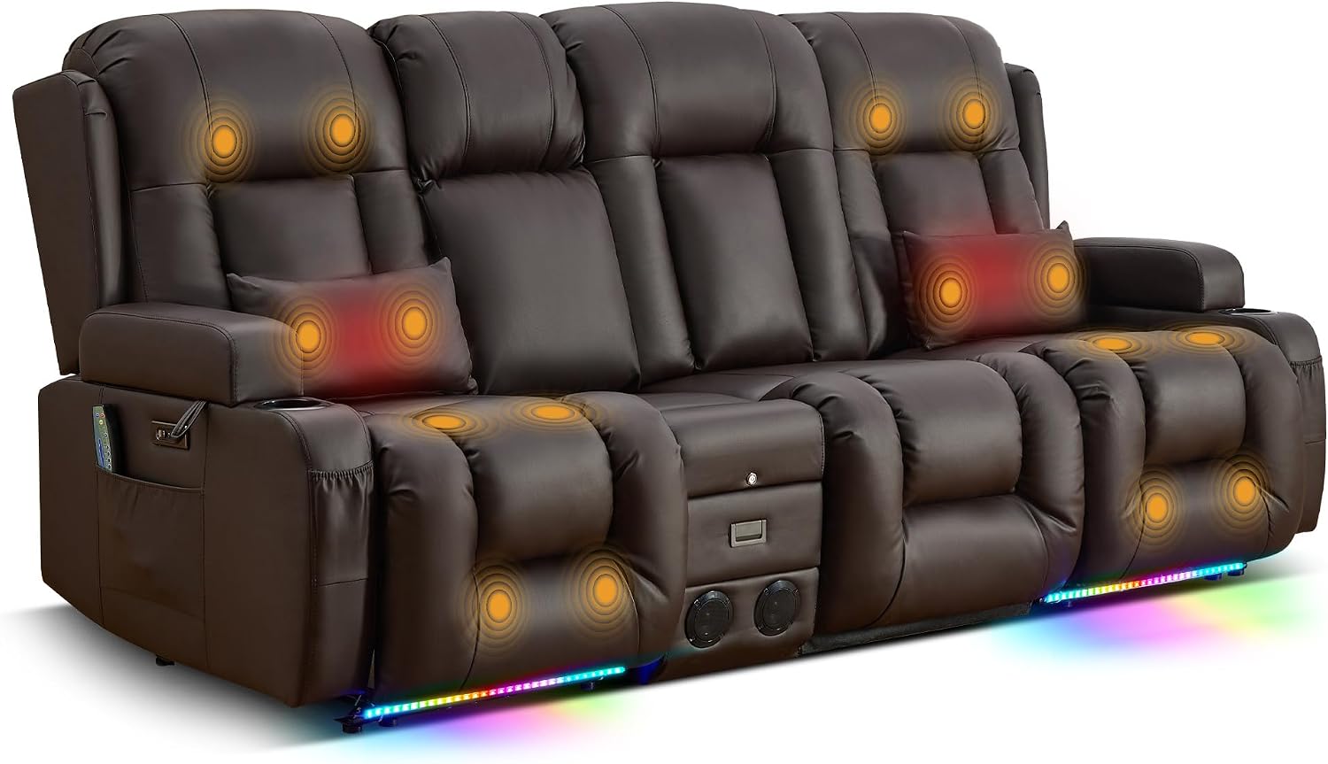 TUNYI Power Loveseat Recliner Sofa with Massage & Heat Home Theater Seating with Console RV Recliner Loveseat Sofa with USB/Storage/Side Pocket/LED Light/Speaker (Brown, 3 Seat with Console)