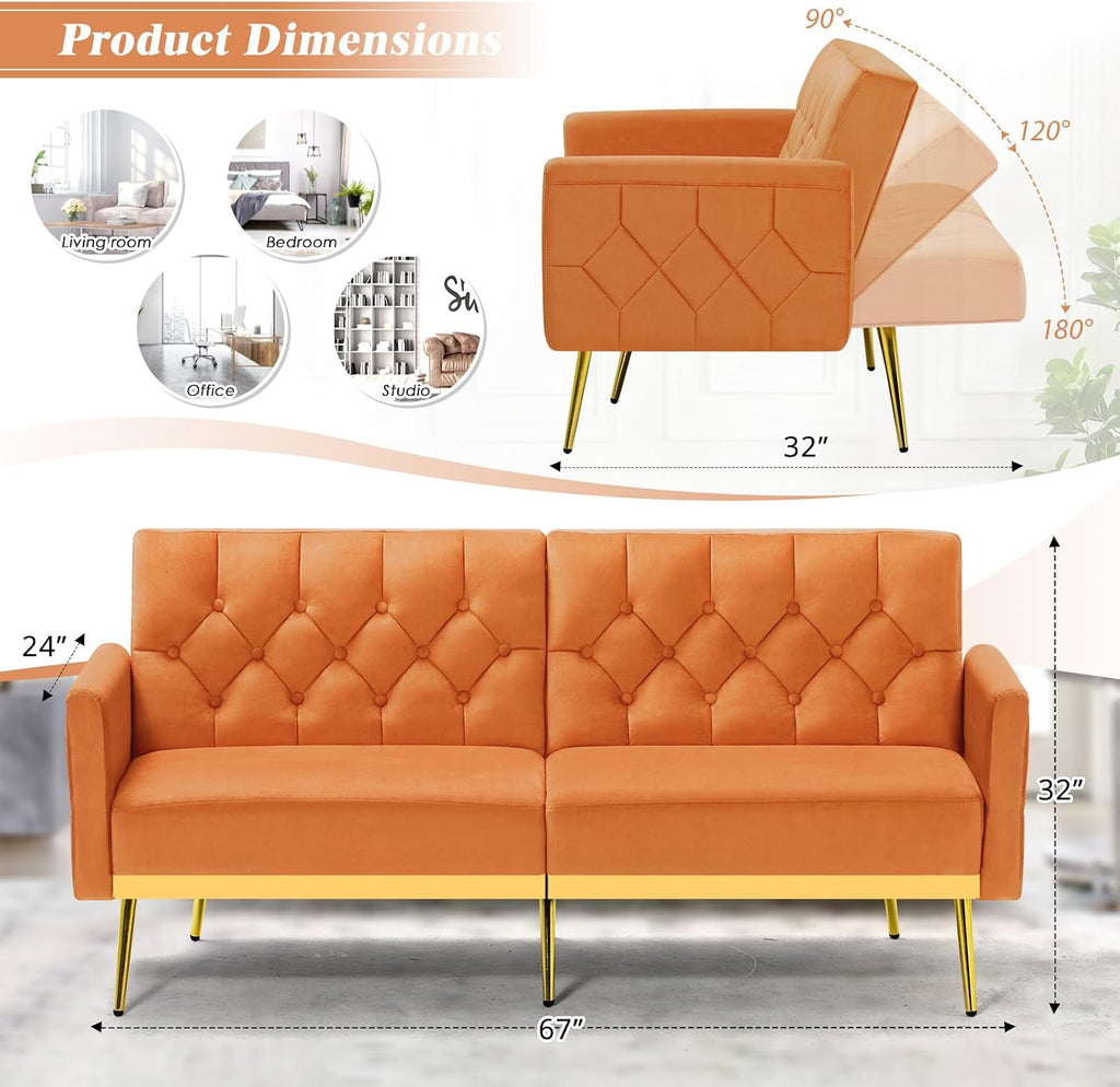 Velvet Sofa Bed w/Adjustable Armrests and Backrests, Modern Convertible Sleeper Sofa, Tufted Futon Sofa for Bedroom, Living Room, Apartment, Orange
