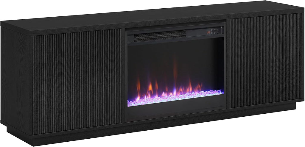 Henn&Hart Fluted TV Stand for TVs up to 75' with 26' Electric Crystal Rocks Fireplace and Ribbed Side Storage Cabinets for Living Room, Family Room, or Office, Natural Black