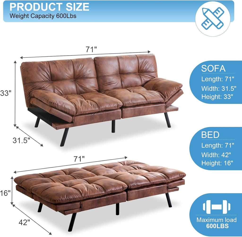 MUUEGM Futon Sofa Bed Couch Sofa, Memory Foam Futon Sleeper Sofa Loveseat Convertible Couch Bed for Small Compact Spaces, Apartment, Brown