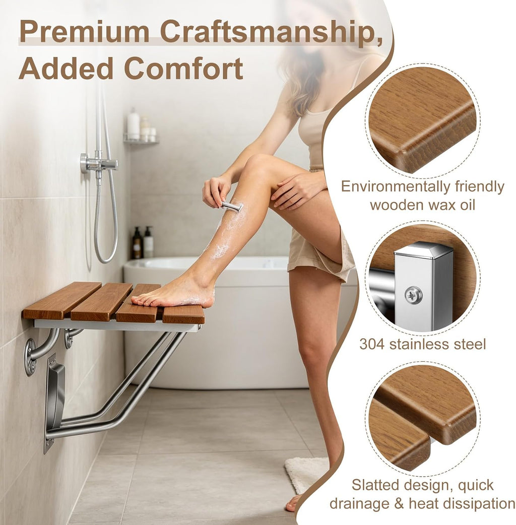 28'' Folding Shower Seat Wall Mounted, Folding Shower Bench with Stainless Steel Bracket, 500lb Load Capacity, for Elderly, Pregnant Women, Kids, Disabled