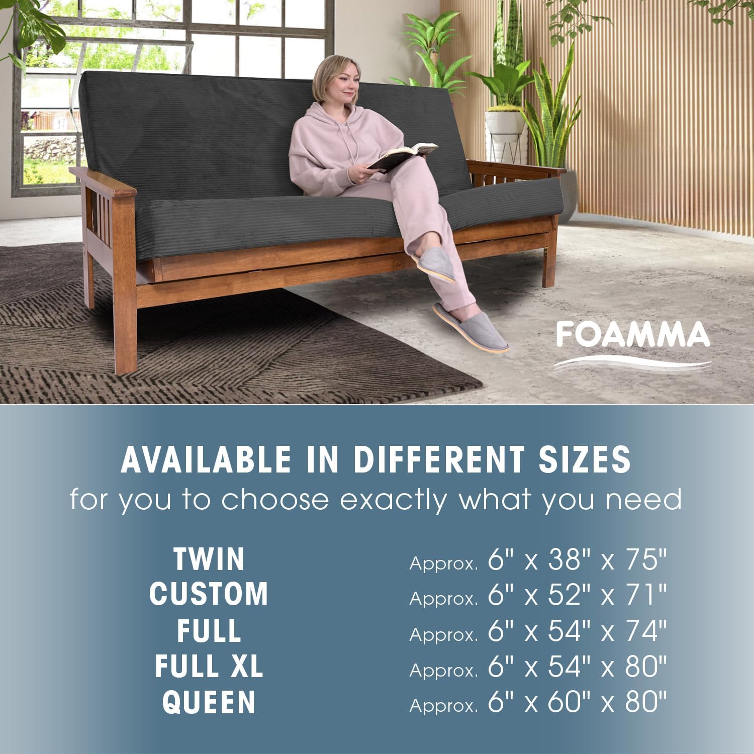 Foamma Memory Foam Futon Mattress, Double-Sided Foldout Couch Futon Mattress, 6' x 54' x 80' Full XL (Charcoal), Corduroy Fabric - Heavy Duty Sofa Bed, Thick Corded Cushion (Frame NOT Included)