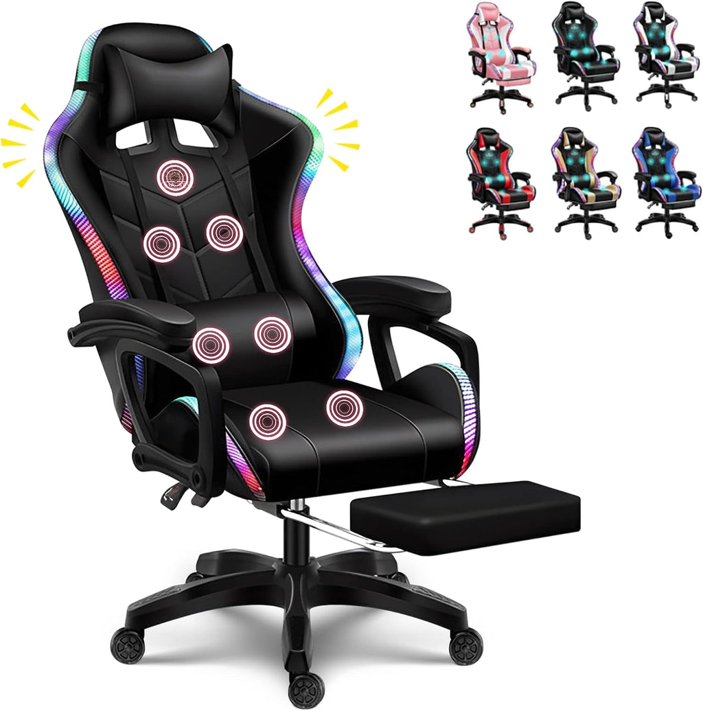 LED Gaming Chair Computer Gaming Chair with Bluetooth Speakers and RGB Lights Full Massager Gamer Chair Swivel Recliner Ergonomic Lumbar Support Video Game Chair for Adults Teens,Black