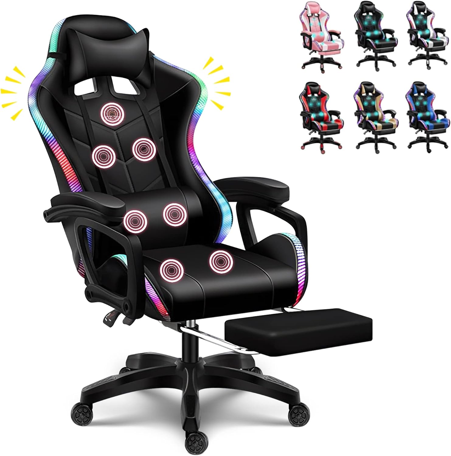 LED Gaming Chair Computer Gaming Chair with Bluetooth Speakers and RGB Lights Full Massager Gamer Chair Swivel Recliner Ergonomic Lumbar Support Video Game Chair for Adults Teens,Black
