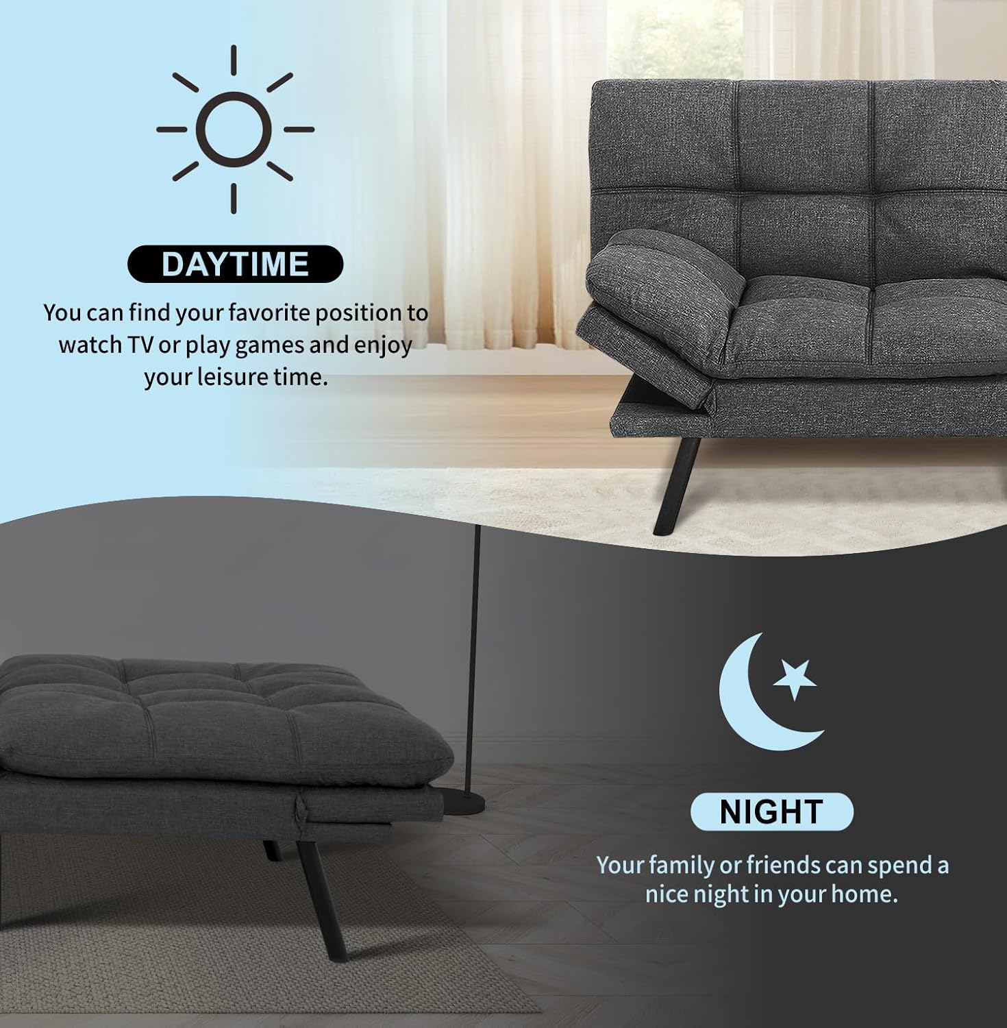 MUUEGM 71' Convertible Futon Sofa Bed, Upholstered Small Futon Couches with Adjustable Backrest, Loveseat Sleeper Bed for Compact Living Room Studio Office (Grey)