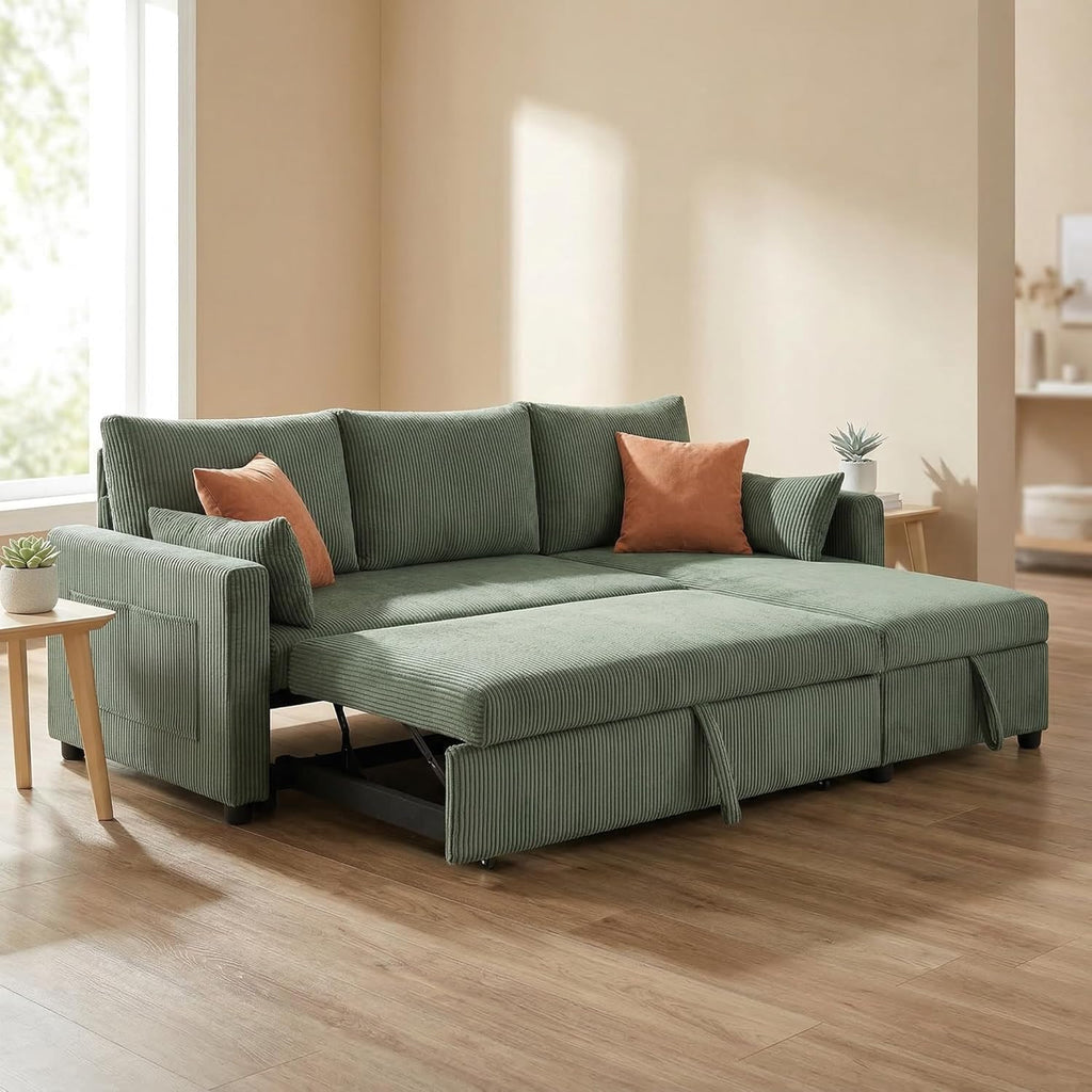 Queen Sleeper Sofa, Convertible Sofa Bed with Storage, 85 Inch Sectional Couch with Pull Out Bed, L Shaped 3 Seat Sectional Sleeper Sofa for Living Room, Apartment, Green