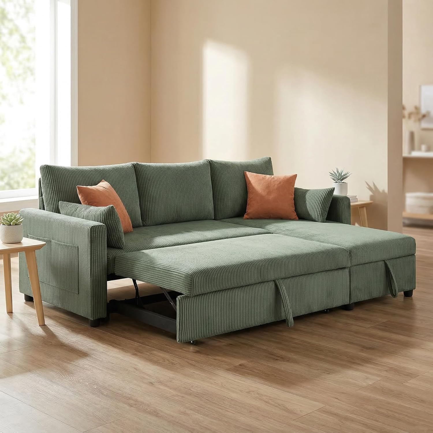 Queen Sleeper Sofa, Convertible Sofa Bed with Storage, 85 Inch Sectional Couch with Pull Out Bed, L Shaped 3 Seat Sectional Sleeper Sofa for Living Room, Apartment, Green
