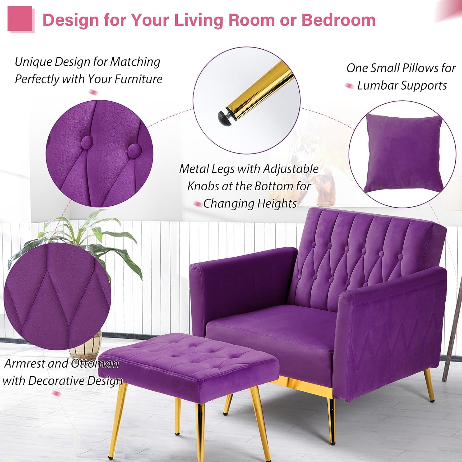 2 Pieces Velvet Sofa Set with Adjustable Armrest and Backrest, 70' Convertible Futon Sofa Bed & Mordern Accent Chair with Ottoman for Living Room, Bedroom, Purpel