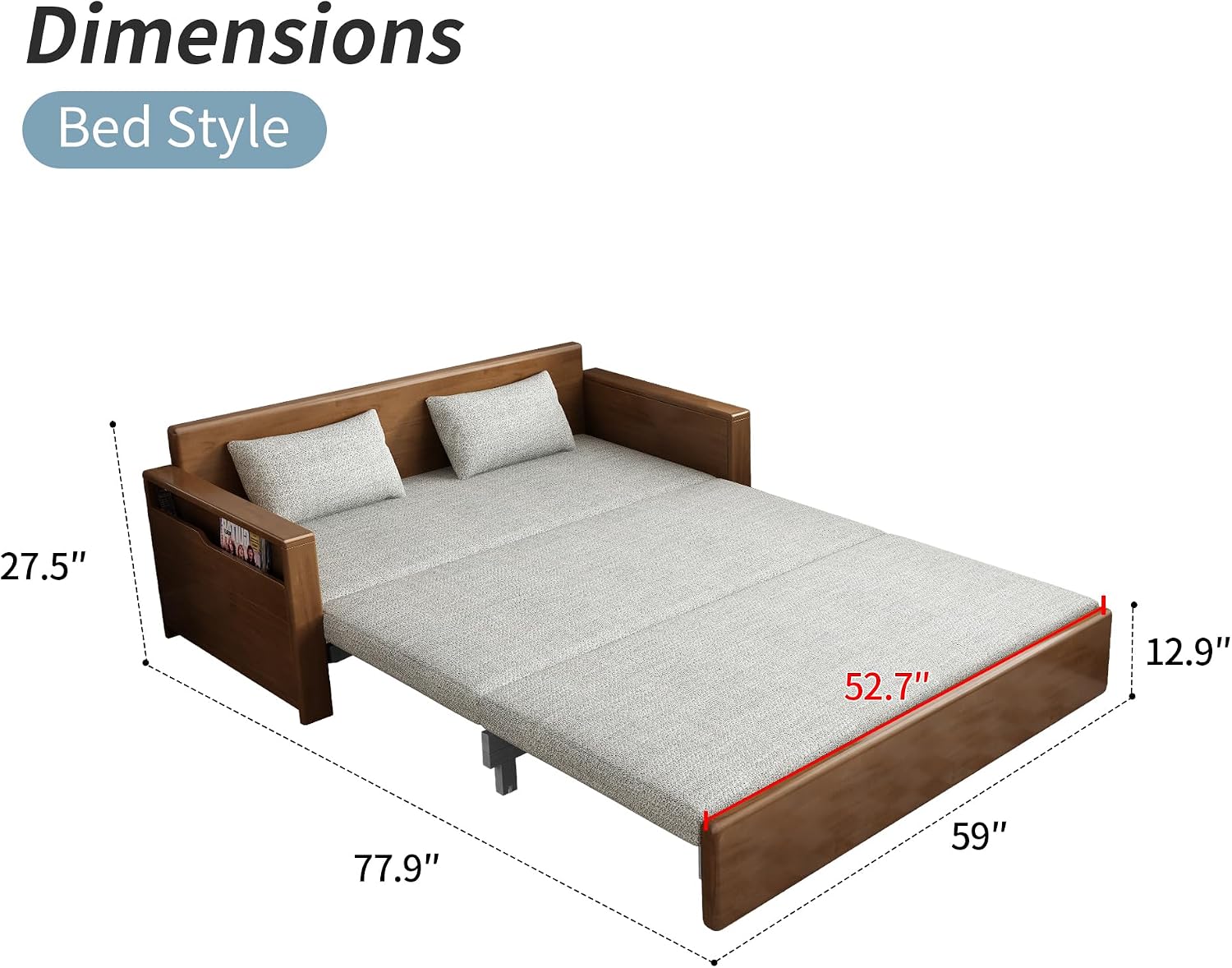 59' convertible sofa sleeper with storage,grey soft cushion sectional sleeper sofa with reversible chaise,walnut color wood sofa bed 3 in 1 pull out couch bed for livingroom,apartment,bedroom,office
