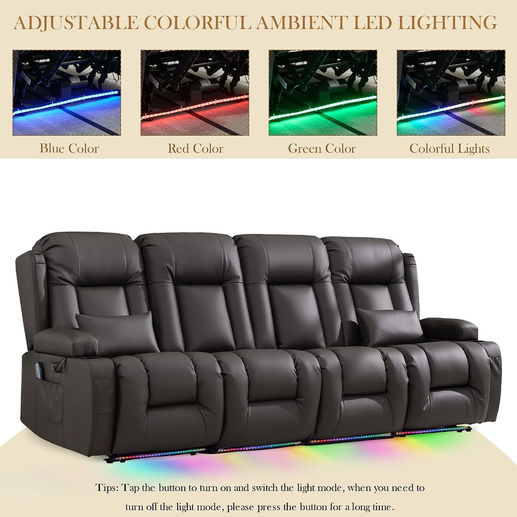 TUNYI Power Loveseat Recliner Sofa with Massage & Heat Home Theater Seating with Console RV Recliner Loveseat Sofa with USB/Storage/Side Pocket/LED Light/Speaker (Brown, 4 Seat)