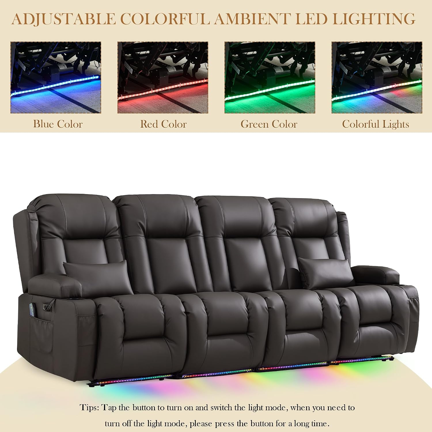 TUNYI Power Loveseat Recliner Sofa with Massage & Heat Home Theater Seating with Console RV Recliner Loveseat Sofa with USB/Storage/Side Pocket/LED Light/Speaker (Brown, 4 Seat)
