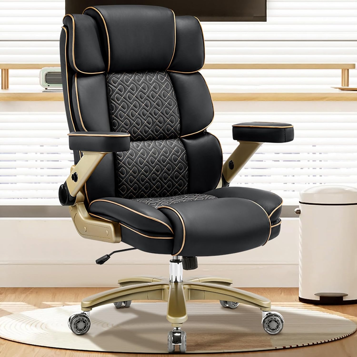 Big and Tall Office Chair 500lbs, Heavy Duty Leather Chair with 5D Armrests Comfortable Seat, High Back Executive Office Chair with Adjustable Lumbar, Large Computer Chair for Home Office, Black