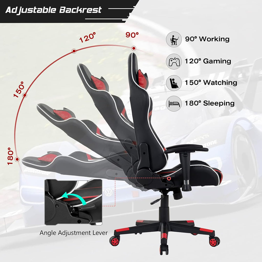 GORELAX Massage Gaming Chair, Reclining Game Room Computer Chairs for Adults w/Lumbar Support, Adjustable Arms, Wheels, Racing Style Home Office Chair for Heavy People (Red)