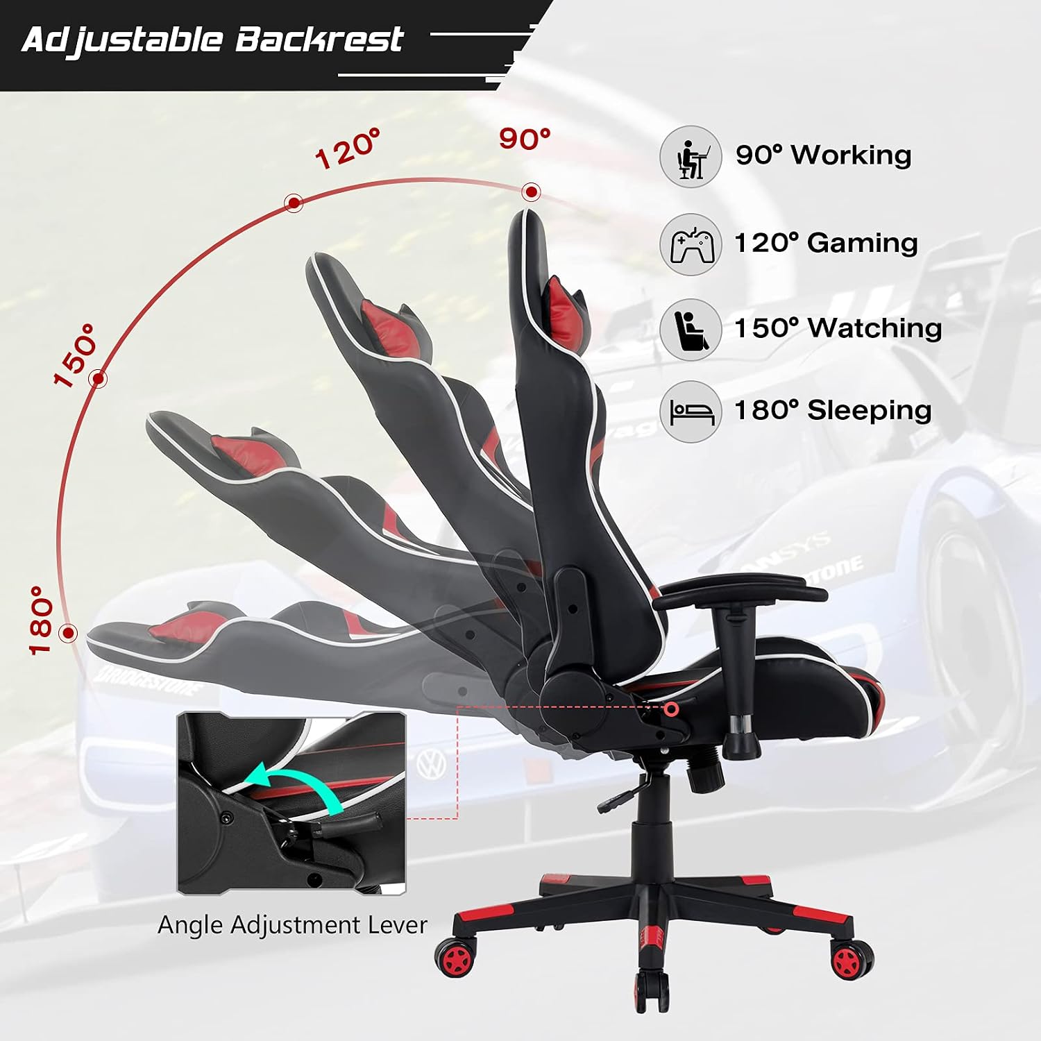 GORELAX Massage Gaming Chair, Reclining Game Room Computer Chairs for Adults w/Lumbar Support, Adjustable Arms, Wheels, Racing Style Home Office Chair for Heavy People (Red)