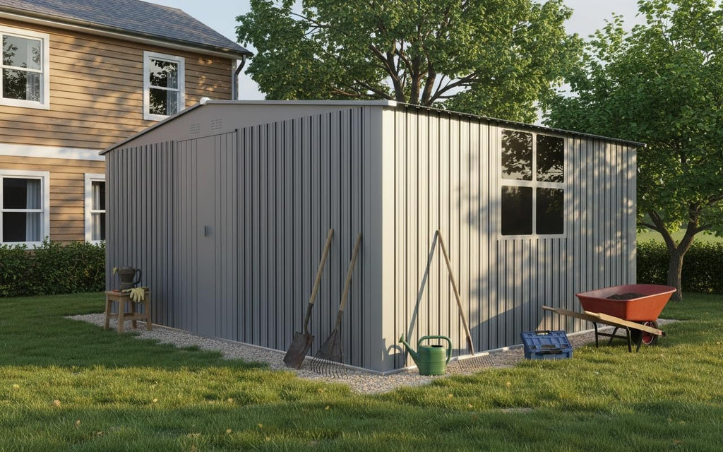 YOPTO 12x14 FT Sheds & Outdoor Storage,Metal Waterproof Firewood Shed with 2 Integrated Punched Vents,2-in-1Heavy-Duty Garden Tool House w/Window & Door,Shelter for Wood,Bicycles,Grey