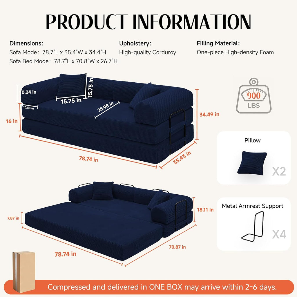 79' Corduroy Sofa Bed, Boneless Couch in a Box with 2 Pillows, High-Density Foam 4-in-1 Foldable Sleeper Futon Loveseat for Small Spaces, No Assembly, Side Pockets, Round Arm Blue