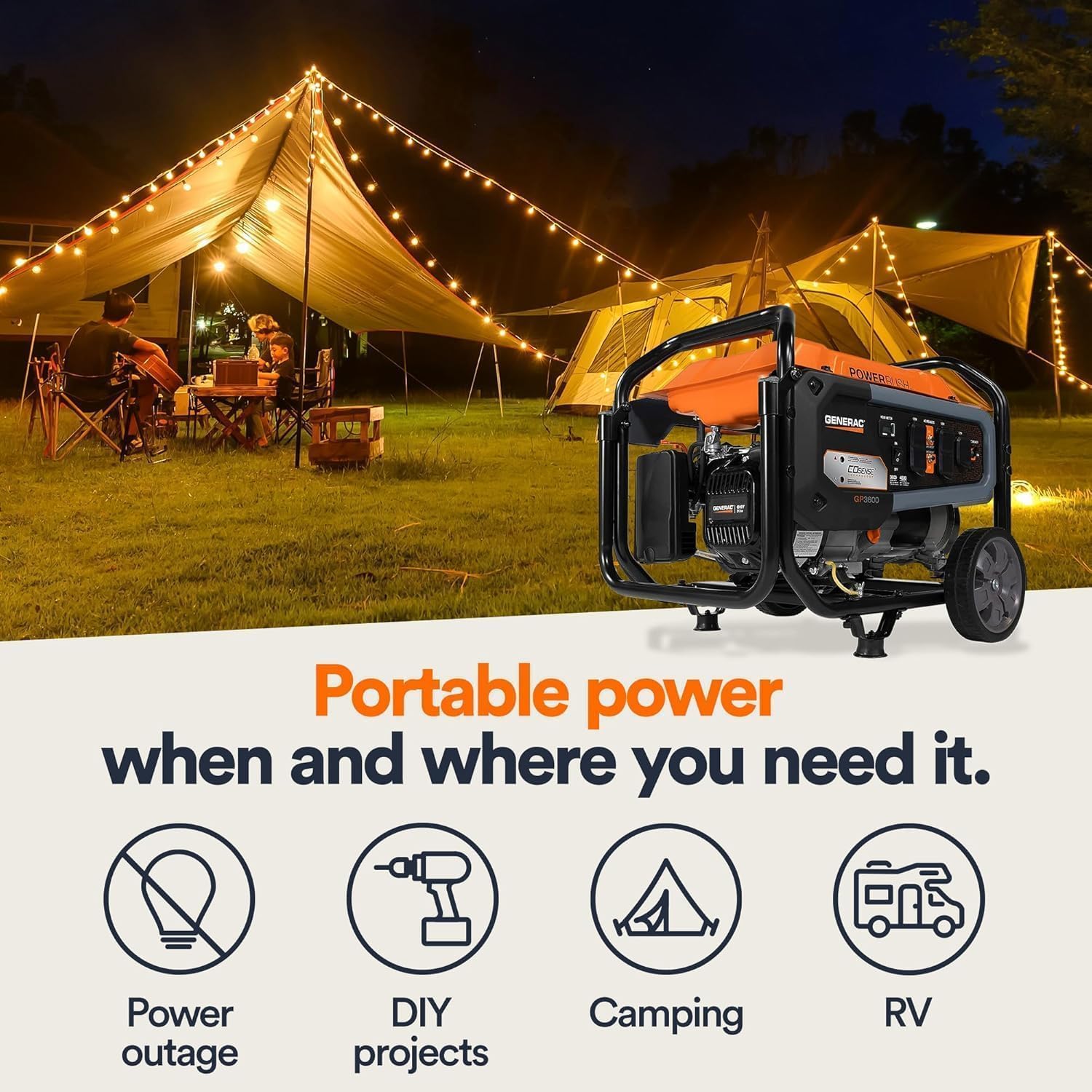 Generac 4,500 Starting Watt Portable Gas Generator, PowerRush Technology for 40% More Starting Capacity, COsense Carbon Monoxide Detection, Heavy Duty Steel Frame with Never-Flat Wheels, 49-State