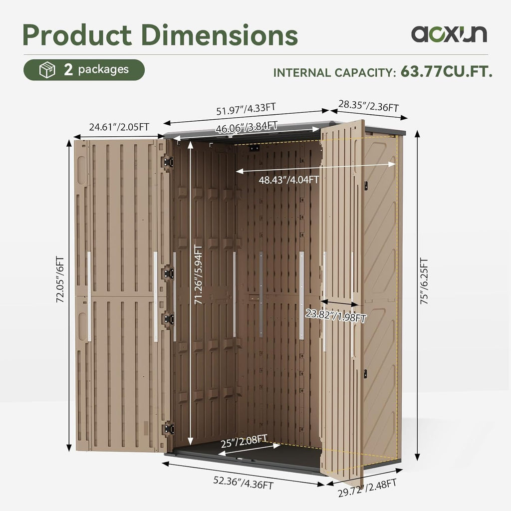 Aoxun Outdoor Storage Shed, 64 Cu.Ft Vertical Storage Sheds Outdoor with Floor, Outdoor Waterproof Storage Cabinet for Garage Storage, Pool Storage (Brown)