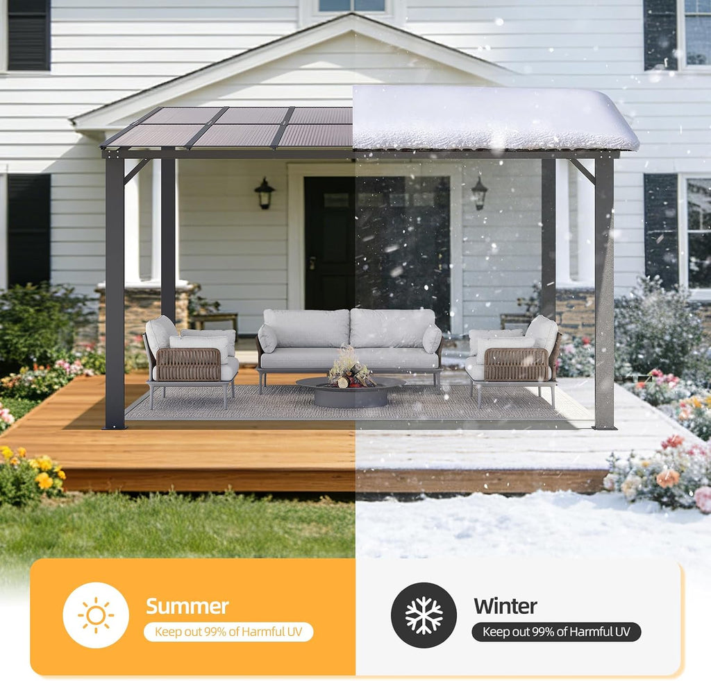 10'×12' Patio Gazebo with Waterproof Fuzzy Strip, Innovative Base Support Pergola, Wall Mounted Gazebo for Backyard, Decks, Garden